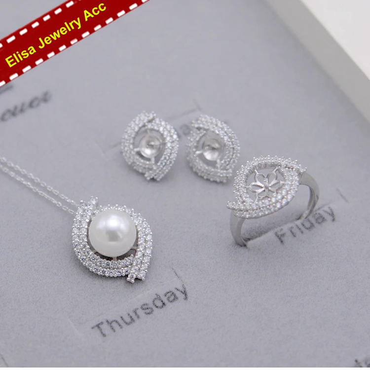 Elegant Pearl Earrings Settings+Pendant Holder+Rings Settings 3Pieces/Set S925 Sterling Silver DIY Handmade Jewelry Components