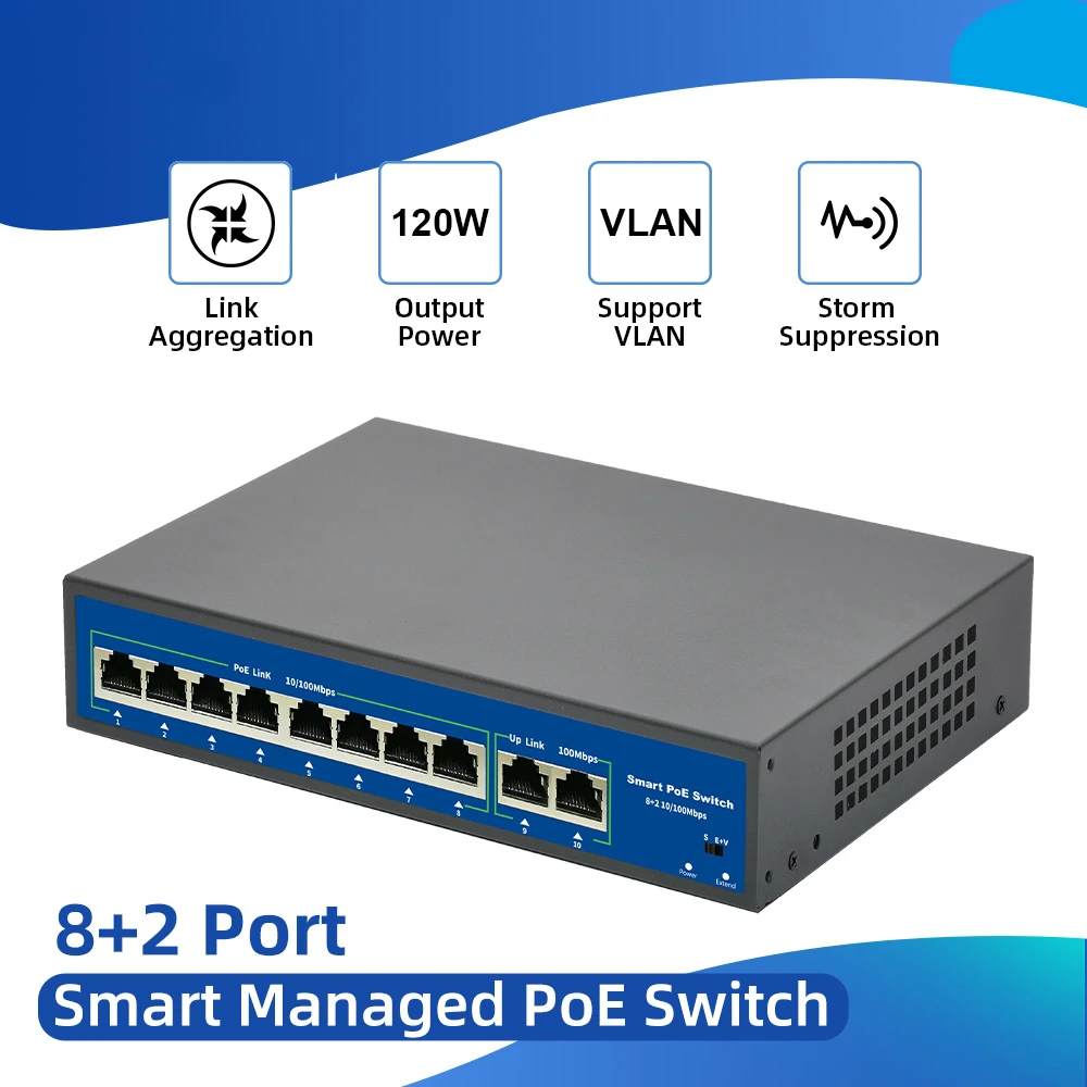 

Сетевой коммутатор с 10 портами и питанием от сети Ethernet, 48 В, 8 совместимых с IP-камерами/беспроводными AP/CCTV камерами