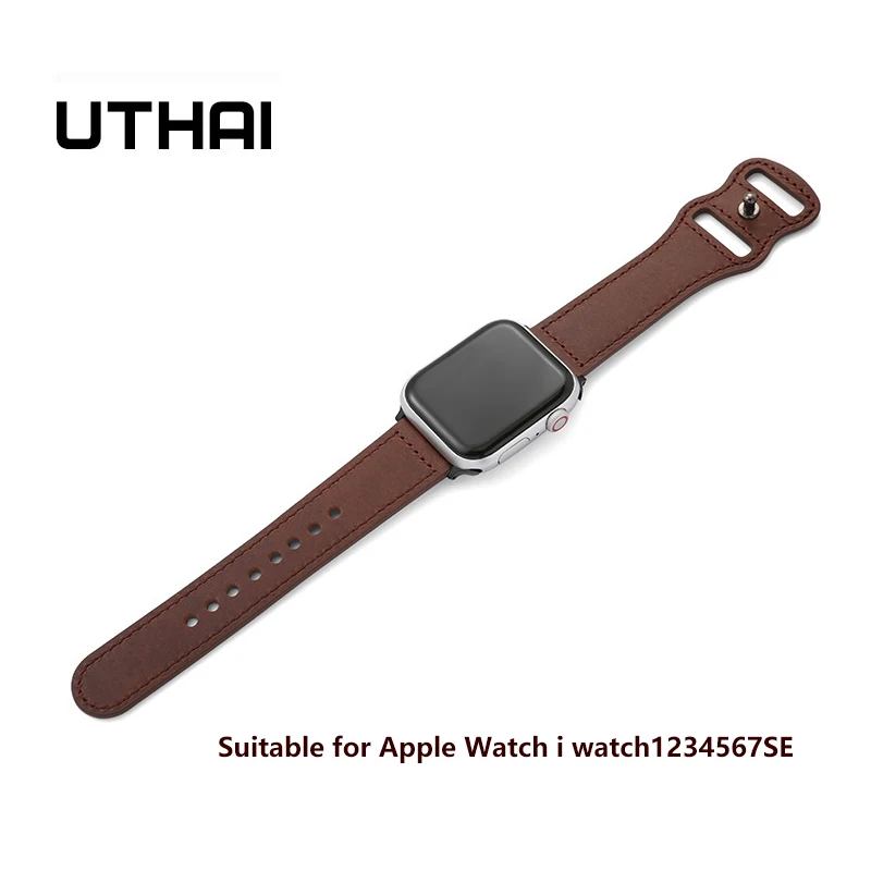 UTHAI P49 Leather Link For Apple watch band 44mm 42mm 40mm  38mmReal Cowhide Strap Double Hole Bow  iWatch Series 3 5 4 SE 6 7 s