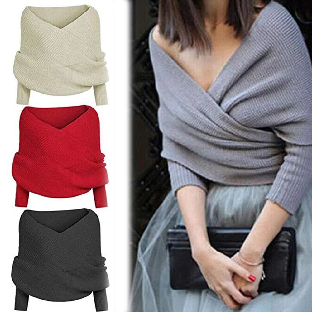 Cross Knitted Sweater Lady Fashion Simple Sexy Popular V Neck Off Shoulder Long Sleeve Slim Tight Top Woman Clothing Wholesale