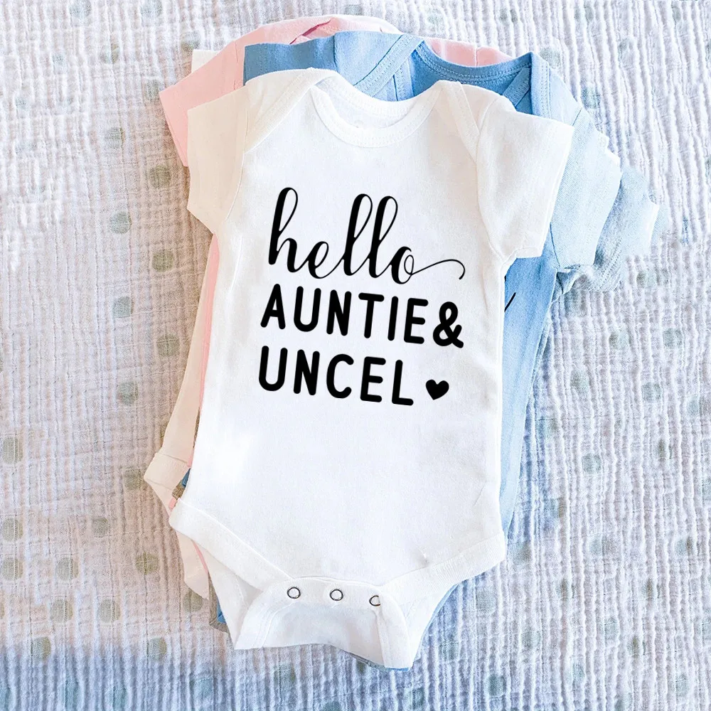 

2021 Hello Auntie&Uncel Baby Coming Clothes for Newborns White Cotton Newborn Romper Cute Summer Baby Clothes Bodysuit 0-24M