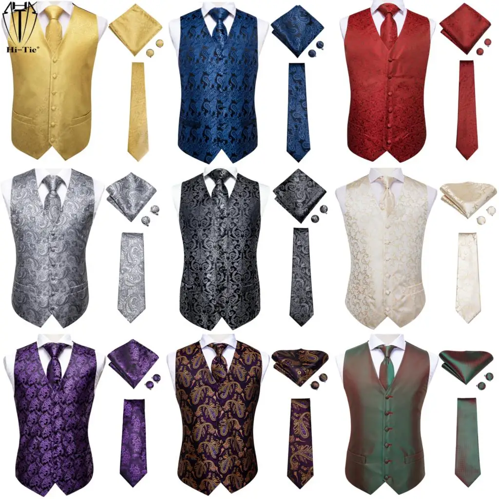 Brand New Mens Suit Dress Vests Necktie Hankerchief Cufflinks Set Silk Slim Fit Male Waistcoat Jacquard Waist Jacket Gilet Homme