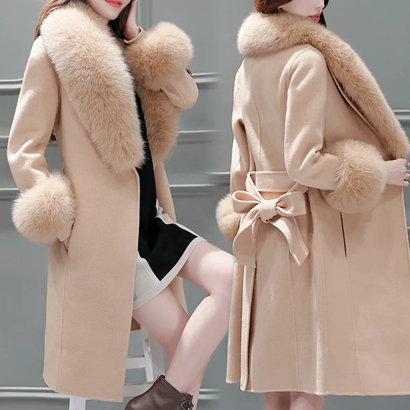 2024 Autumn Winter High End Fashion Coat Slim Was Thin Woolen Coat Faux Fur Fur Collar Slim Was Thin Mid-length Coat Women Coat