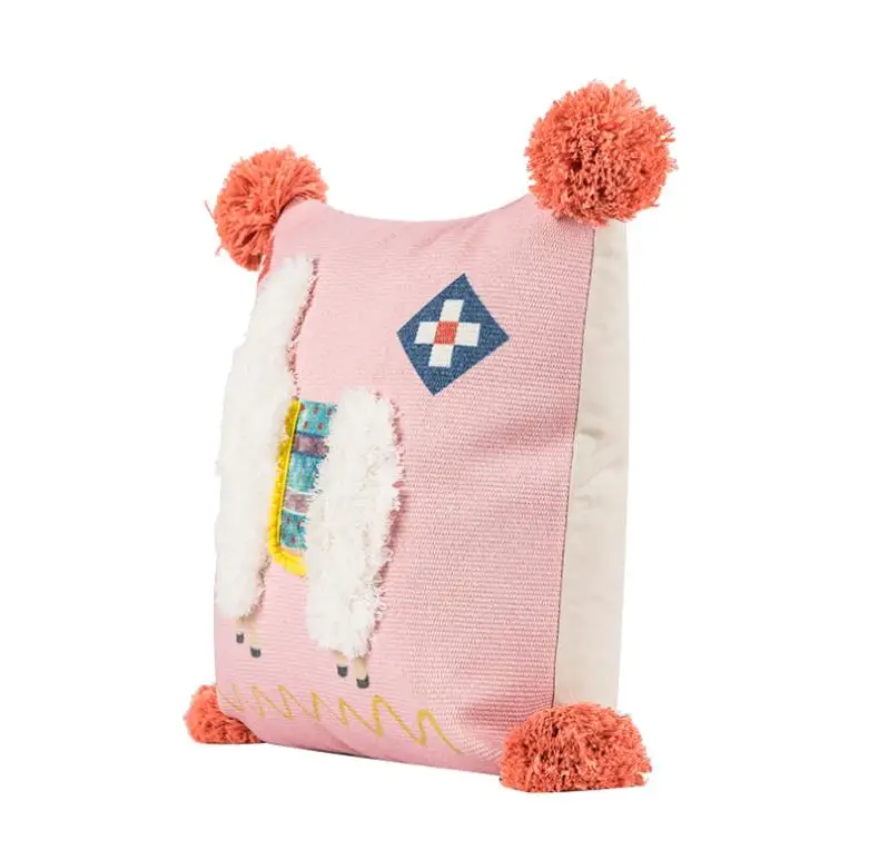 Pink Cute Alpaca Cushion Cover Linen Embroidery Pillow Case With Tassels For Sofa Couch Bed Tuft Square Home Decorative 45x45cm