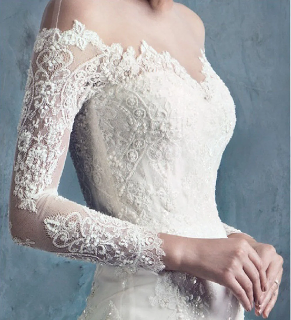 Romantico Sexy vedere attraverso Scoop maniche lunghe cappella treno pizzo abito da sposa sirena abiti da sposa Vestido De Novia 2019 MF-10