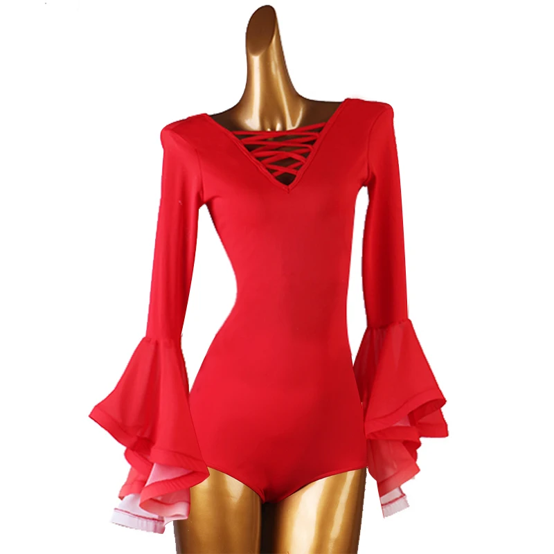 Latin Dance Body Suit V-Neck Long Sleeves Top Performance Clothes Profession Custom Female Adult Child Practice Clothing