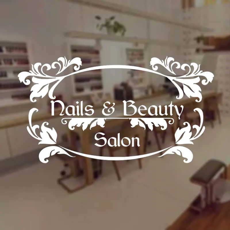 Nails & Beauty Salon Sign Window Sticker Vinyl Nails Art Manicure Decor Shop Wall Decals Removable Mural Custom Shop Name A513