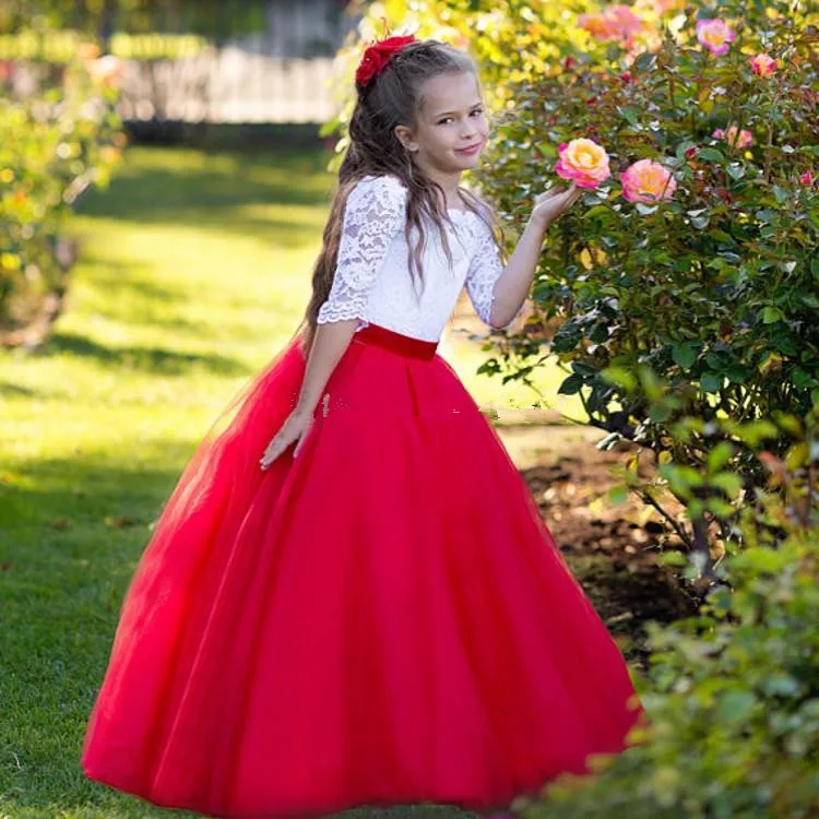 Robes à fleurs appliquées en Tulle pour filles, robes de fête à col rond pour Banquet d'anniversaire