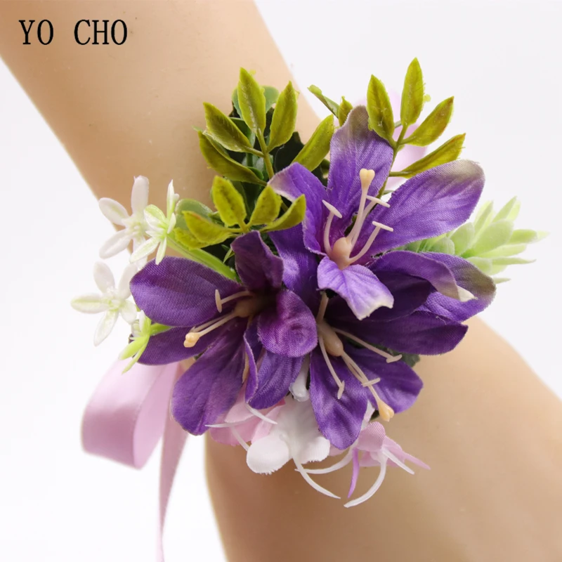 YO CHO Bruiloft Corsages En Boutonnières Hoge Kwaliteit Zijde Rose Orchidee Bloem Meisje Corsages Prom Lint Kunstmatige Pols Bloemen