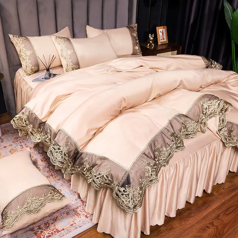 

Europe Tribute Silk Lace Bed Skirt 4Pcs Bedclothes Bedding Set Duvet Cover Quilt Cover Bedroom Cover Flat Bed Sheet Pillowcase