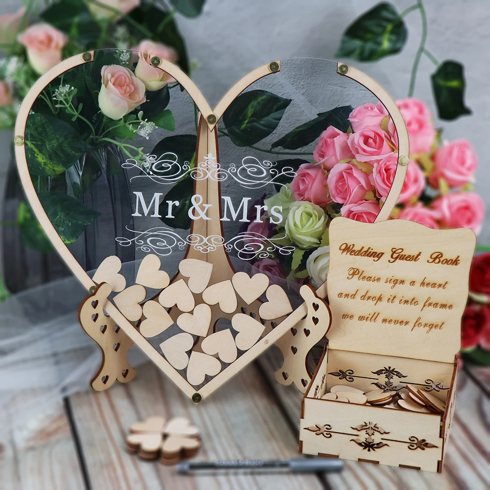 Heart shape Transparent Wedding guest book Decoration Rustic Sweet Heart Drop box Wedding drop box 3D Guestbook wooden box