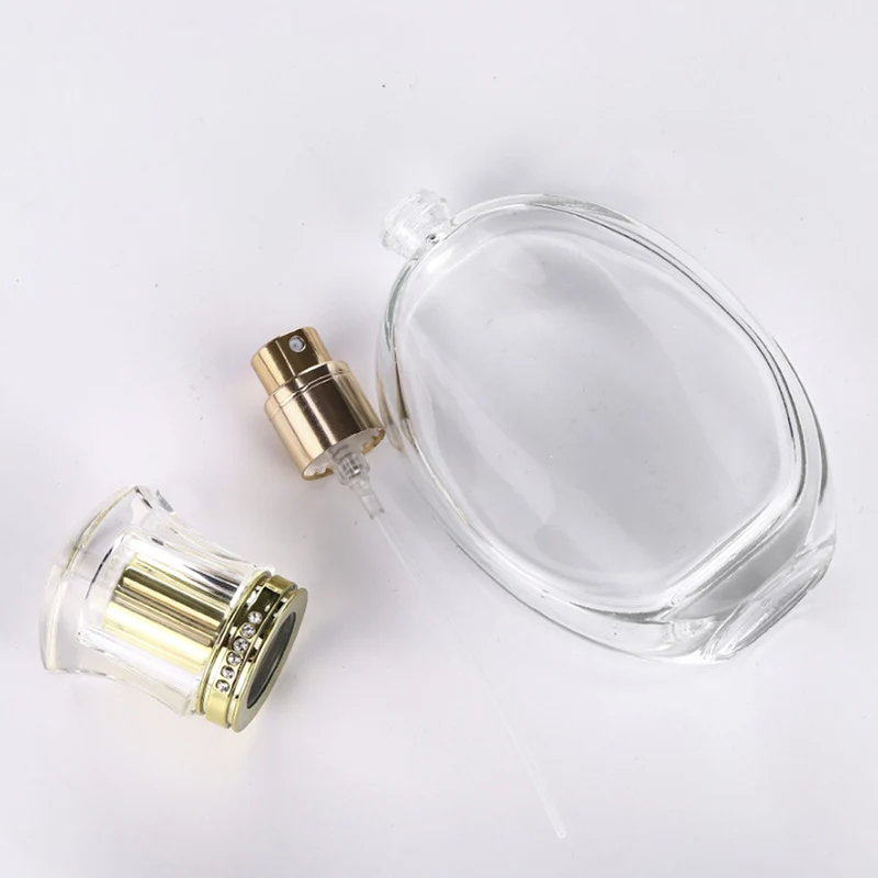 50ml High-End Glass Perfume Bottle with Gold Cover and Diamonds, Cosmetics Packaging Transparent Spray Crystal Empty Bottle