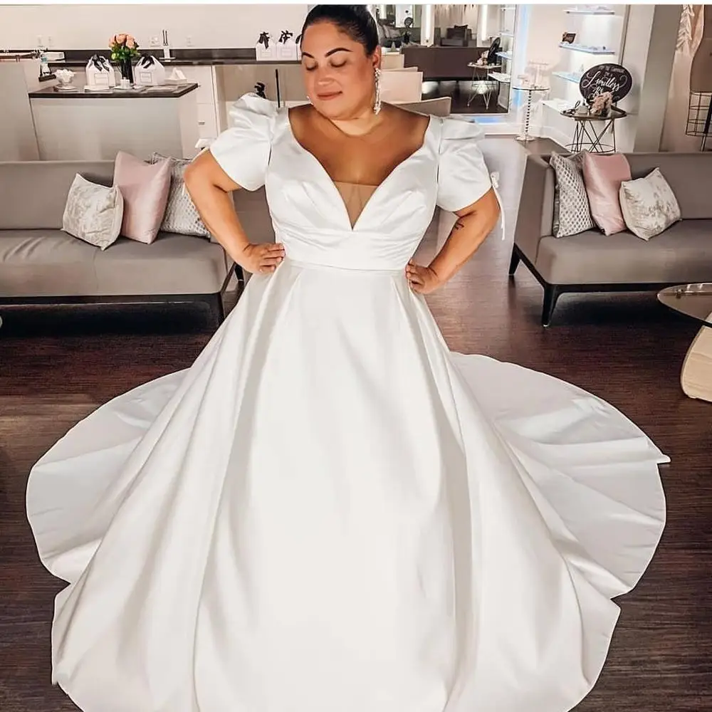 Wedding Dress Plus Size Short Sleeve A-Line Satin With Cheapel Train Long African Bridal Gowns Cheap  Simple Women Brides Big