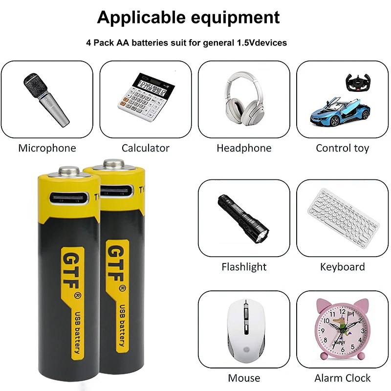 Batterie lithium-ion 4 en 1 avec câble de charge USB Type-C, indicateur de charge LED, AA, 1.5V, 1700mAh, 2550 mWh