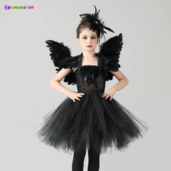Children Black Swan Lake Ballerina Costume Kids Girls Gothic Witch Swan Halloween Tutu Dress Evil Queen Tutu Feather Dress