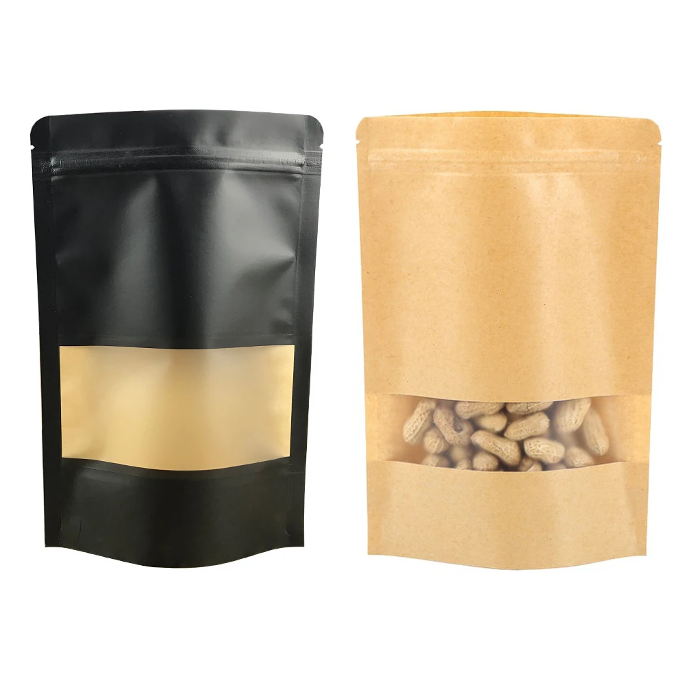 Moisture Proof Matte Black Brown Stand Up Pouches Zip Lock Kraft Paper Bags Snack Nuts Food Storage Packaging Bags with Window