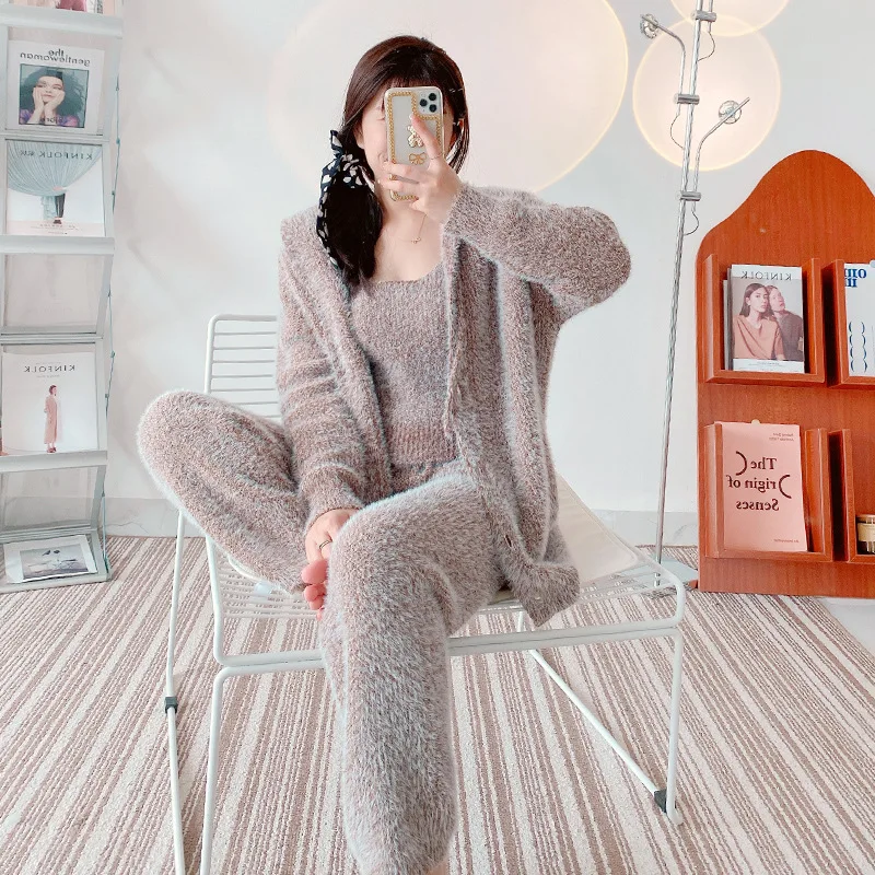 Hooded Cardigan Pajamas 3-Piece Set Soft Imitation Mink Velvet Sleepwear Warm Winter Pijama Thicken Women\'s Home Clothes Pyjamas