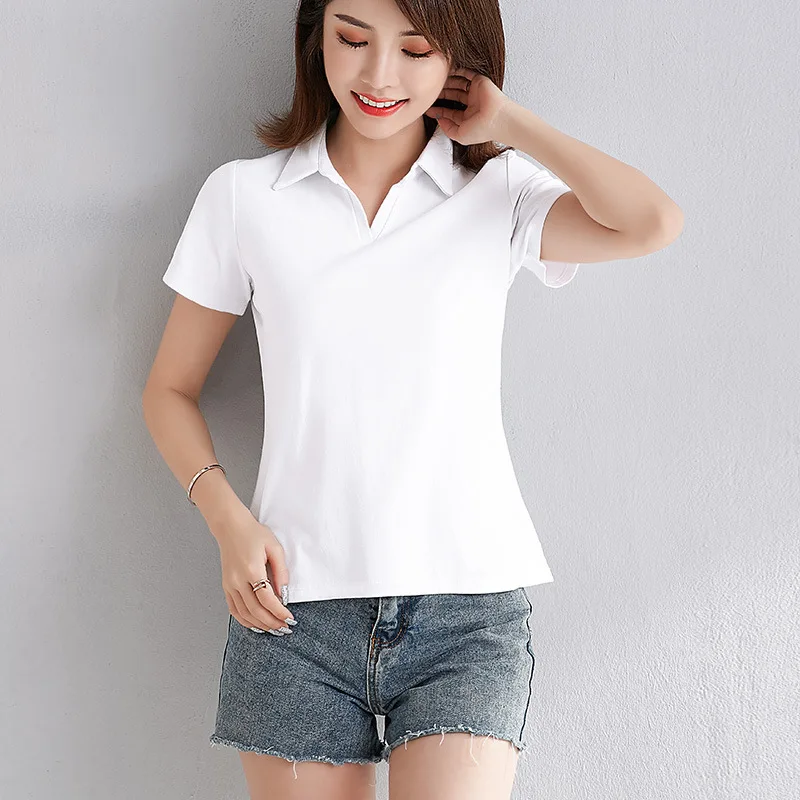 Women Clothing Short Sleeve women's Top Black White POLO T-shirt for woman Summer Poloshirt For Girls