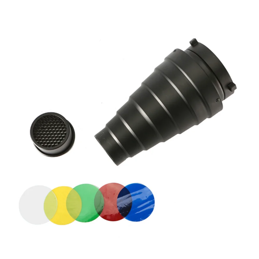 Medium Aluminium Alloy Conical Snoot Kit with Honeycomb Grid and 5 Pieces Color Gel Filters for Bowens Mount Studio