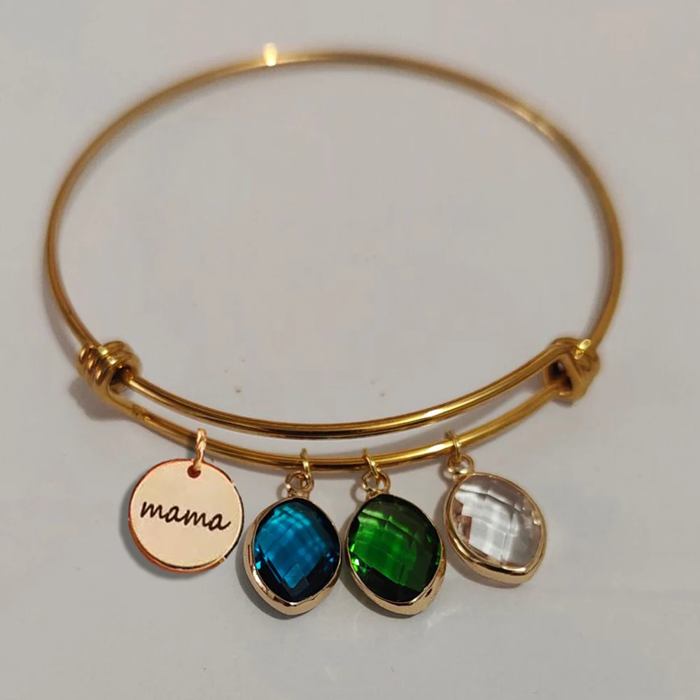 

Custom Family Name Bracelet With Birthstones Customized Engraved Names Symbols Round Adjustable Bangle For Women Birthday’s Gift