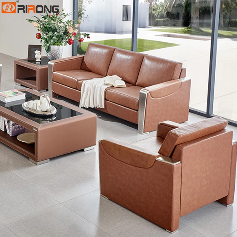 

Brown Genuine Leather Luxury Office Living Room Sofa Set Coffee Table Set