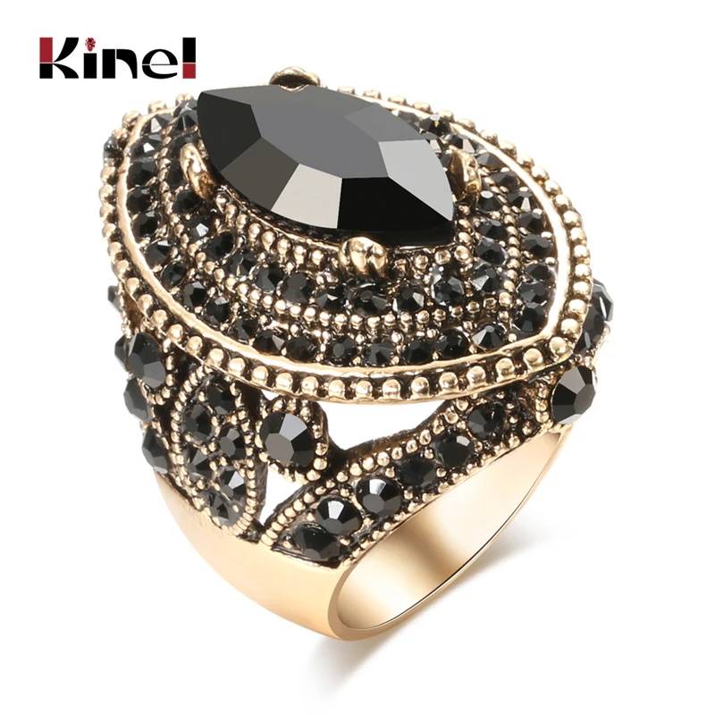 Kinel Luxury Black Antique Ring For Women Vintage Look AAA Crystal Boho Jewelry Gold Color Charm Ethnic Wedding Ring