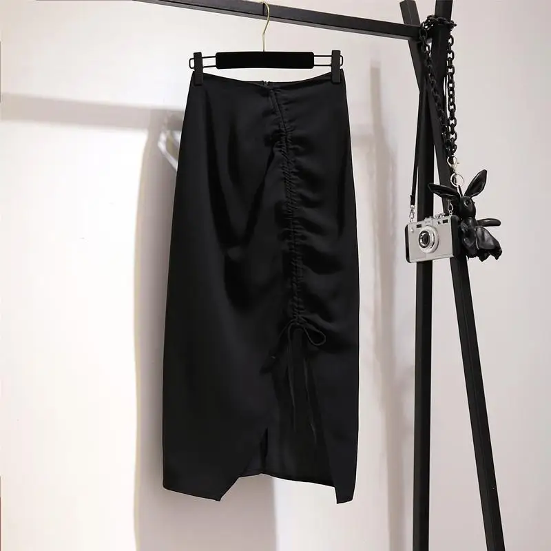 

2024 Spring Summer New Elastic High Waist Slim Simple Black Casual Western Style Irregular Women A-line Long Skirt Free Shipping