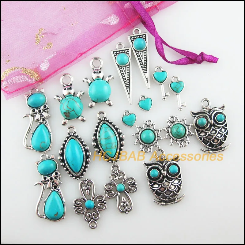 New Turquoise Stone Charms Cat Owl Cross Flower Key Oval Tibetan Silver Plated Pendants Retro