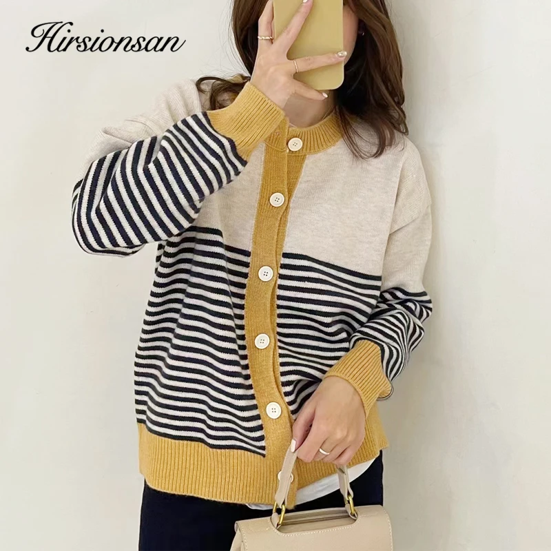 Hirsionsan Autumn Winter Striped Patchwork Knit Cardigans Women Single Breasted Vintage Korean Sweaters Female Cropped Cardigan