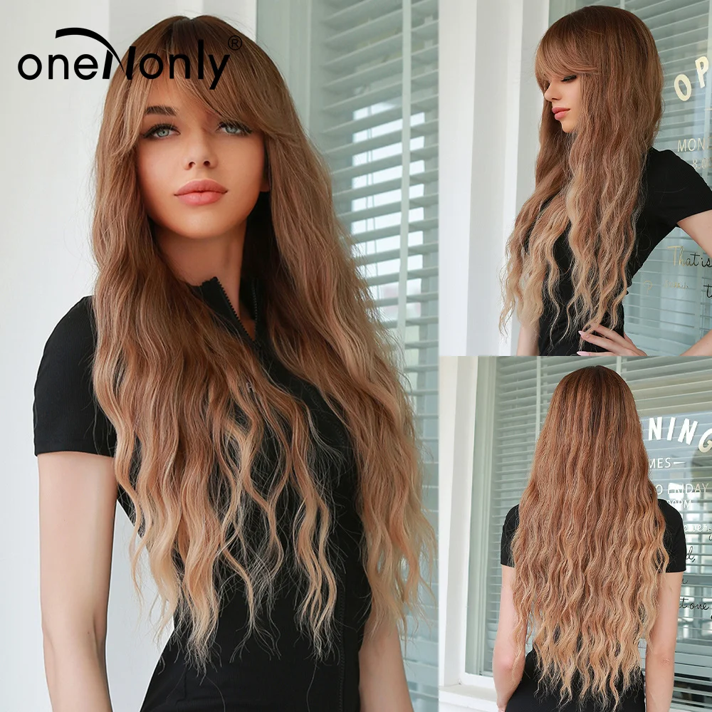 oneNonly Long Brown Blonde Wigs with Bangs Water Wave Heat Resistant Wavy Hair Synthetic Wig for Women Daliy Natural Lolita