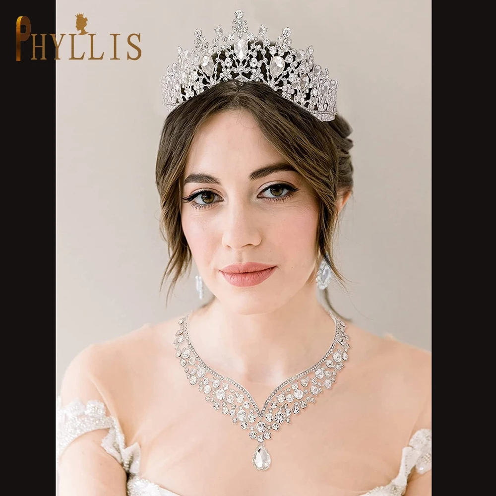 Corona de boda de cristal para mujer, conjunto de joyería barroca para el cabello, collar, pendientes, diademas de diamantes de imitación, Tiaras nupciales, A46