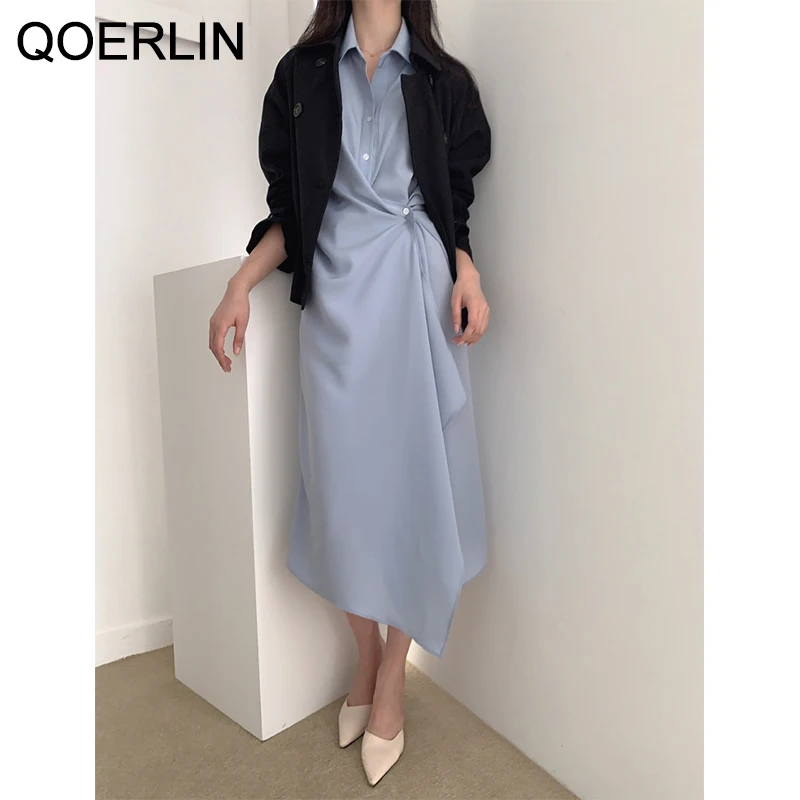 QOERLIN Design Black Blue Long Shirt Dress Women Fashion High Waist Temperament Dress Turn-Down Collar Irregular Button Dresses