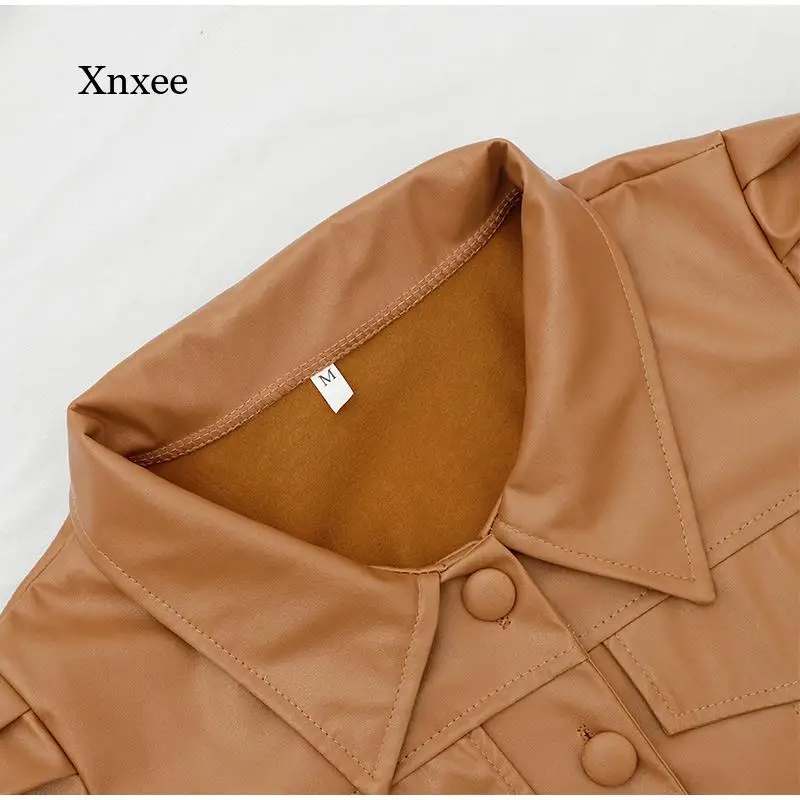 Women's Jacket Autumn Pu Leather Pleated Women's Short Jacket Long-Sleeved Lapel Single-Breasted Women's Jacket Pure Color Casua