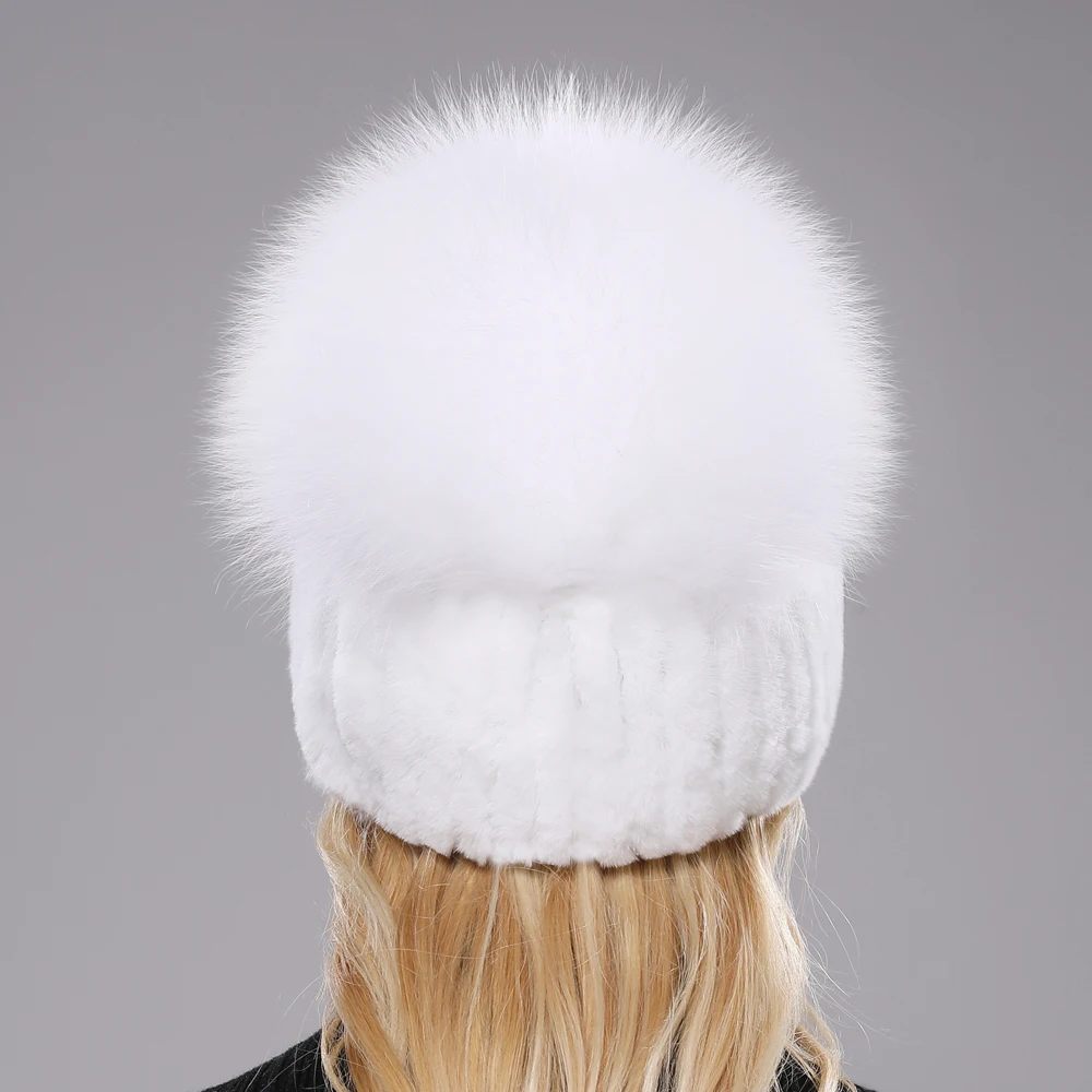 Russia New Style Women Real Genuine Fox Fur Beanies Hat Girls Natural Real Rex Rabbit Fur Skullies Cap Knit Winter Real Fur Hats