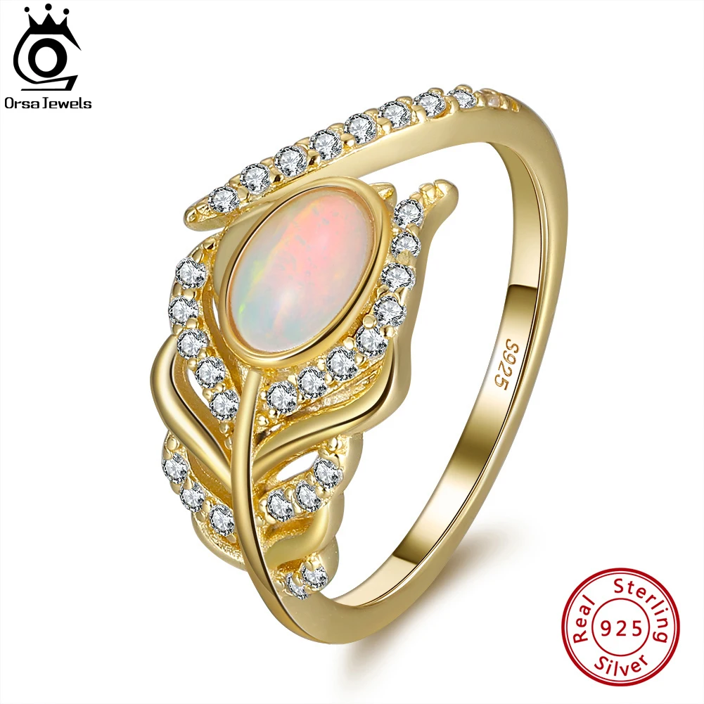 

ORSA JEWELS Solid 925 Sterling Silver Feather Ring Small Dainty Oval Genuine Natural Opal Gemstone Rings for Women Jewelry GMR01