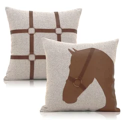 45x45cm simple brown horse cushion cover cotton linen pu leather buckle waist pillowcase throw pillow cover for backrest 50cm
