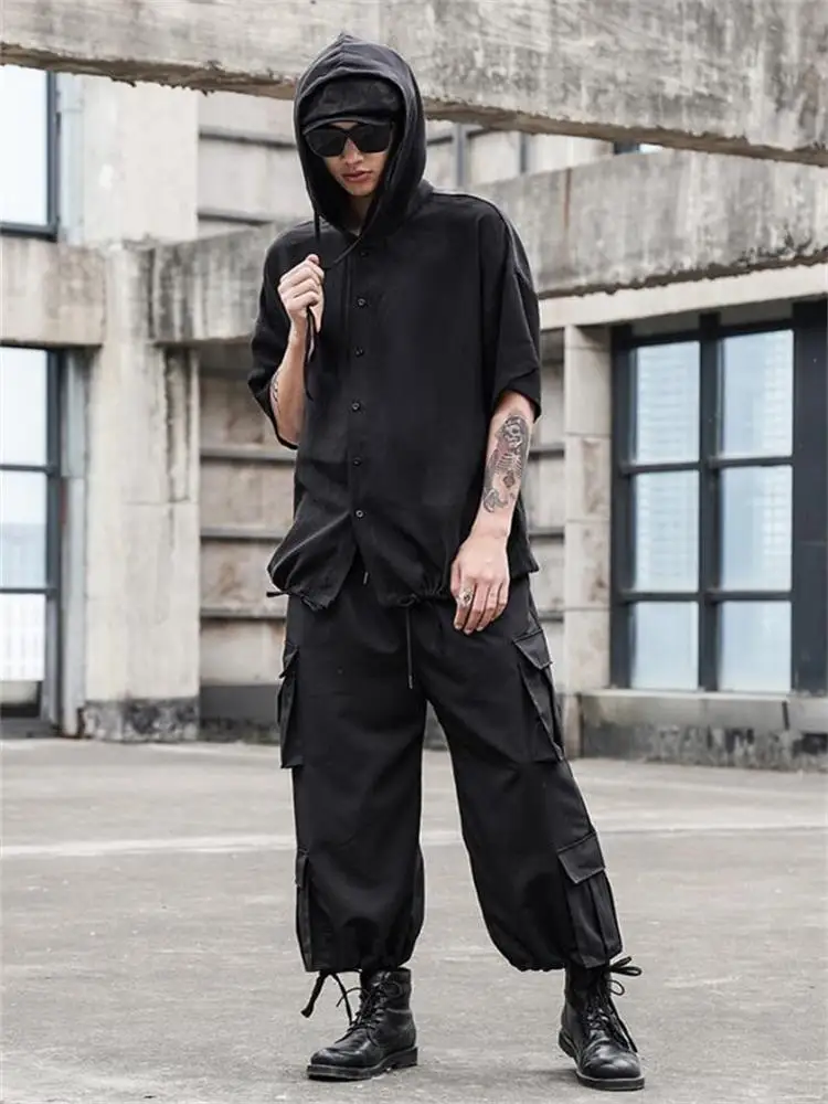 Men's Short-Sleeved Hooded Shirt Summer New Dark Pop Punk Style Youth Fashion Versatile Casual Loose Oversized Shirt