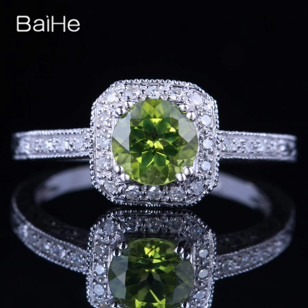 

BAIHE Solid 14K White Gold Green Genuine Peridot Ring Women Men Engagement Wedding Trendy Fine Jewelry Making Bague péridot