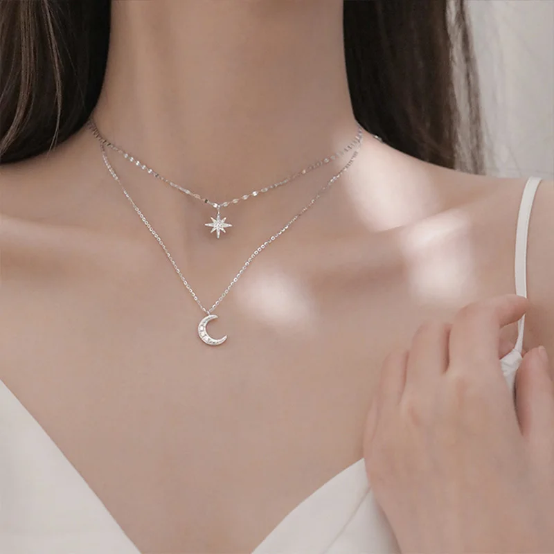 Hot Sale 925 Sterling Silver Delicate Moon Necklace Shiny Stars Layered Pendant Choker Birthday Party Gifts Fashion Women Jewelr