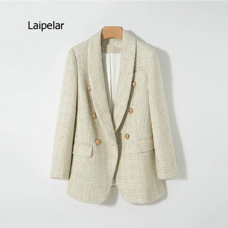 Winter Short Coat Women's Beige Elegant Spring Fashion Knitting Tweed Jacket Office Lady Work Coat Casual