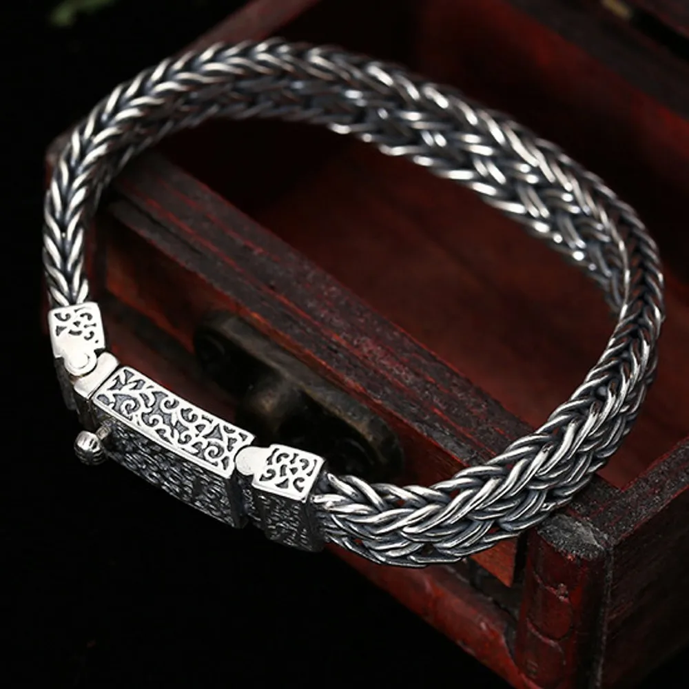 BOCAI 2022 Trendy New 100% S925 Sterling Silver Fashion Jewelry Hemp Rope Woven Rattan Flower Buckle Men's Bracelet