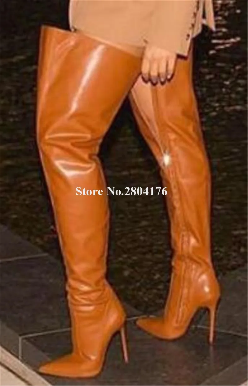 Sexy Women Pointed Toe Over Knee Sliletto Heel Loose Boots Brown Matte Leather Fashion Long High Heel Boots Big Size Boots