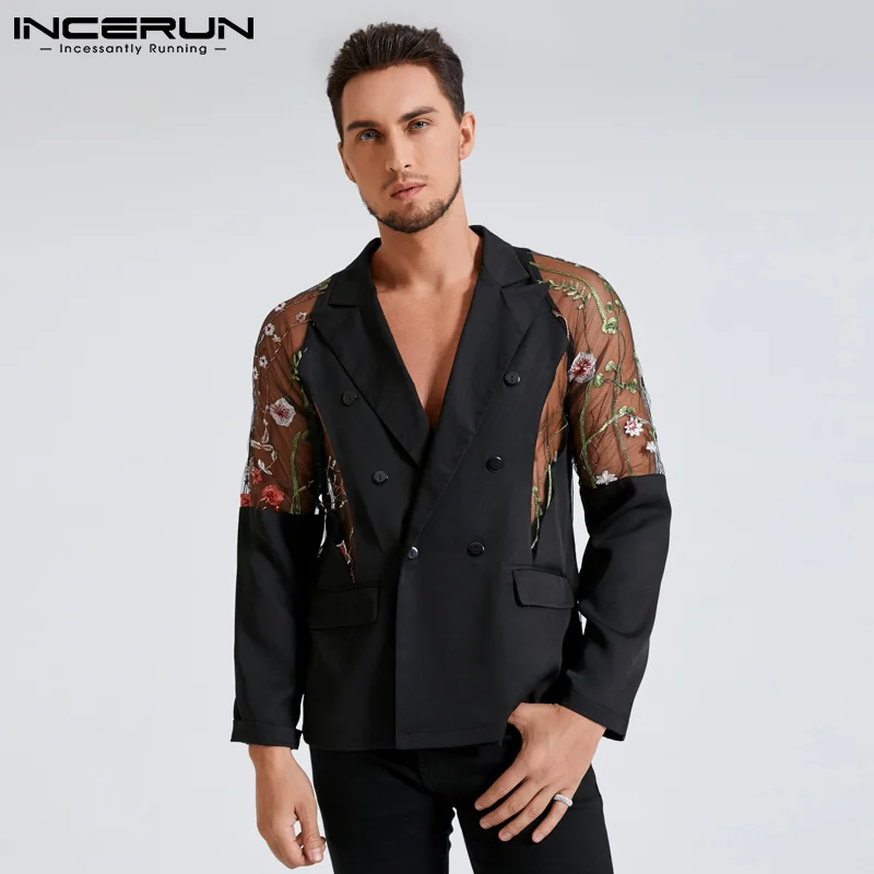 Chaqueta de hombre de malla de retazos, ropa de calle transparente con solapa de doble botonadura, prendas de vestir exteriores de manga larga,