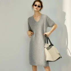 European and American trend V-neck high-grade cashmere sweater women's short-sleeved wild loose long knitted jumper wool dress