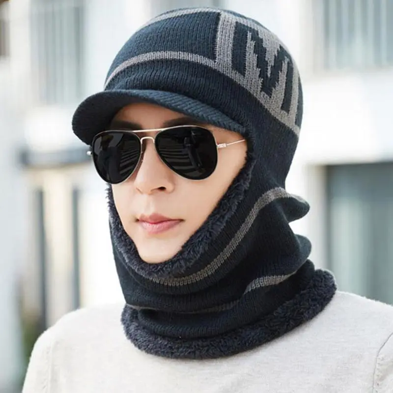 

Winter Men Hat And Scarf Set Male Warm Plush Hooded Cap Scarves With Brim Knit Visor Beanies Balaclava Adult Stripe Bonnet