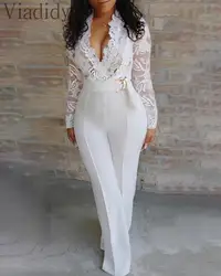 Women White Lace Bodice Insert Bodycon Wide Leg Jumpsuit