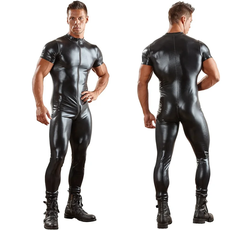 Catsuit de couro PU masculino, pele apertada, macacão completo, macacão sexy, zíper frontal, crotch aberto, terno zentai de látex, traje masculino, 3XL