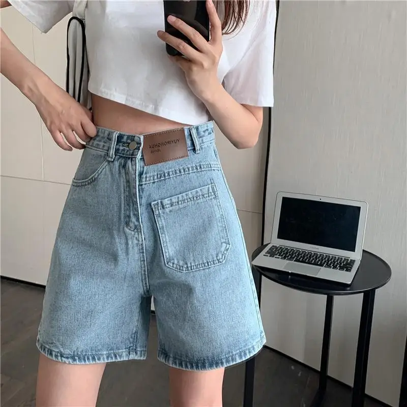 Pantaloncini di jeans Donna Blu Semplice Lunghezza al ginocchio Estate Casual Pantaloni tutto-fiammifero Studenti Streetwear Allentato A-line a vita alta Harajuku