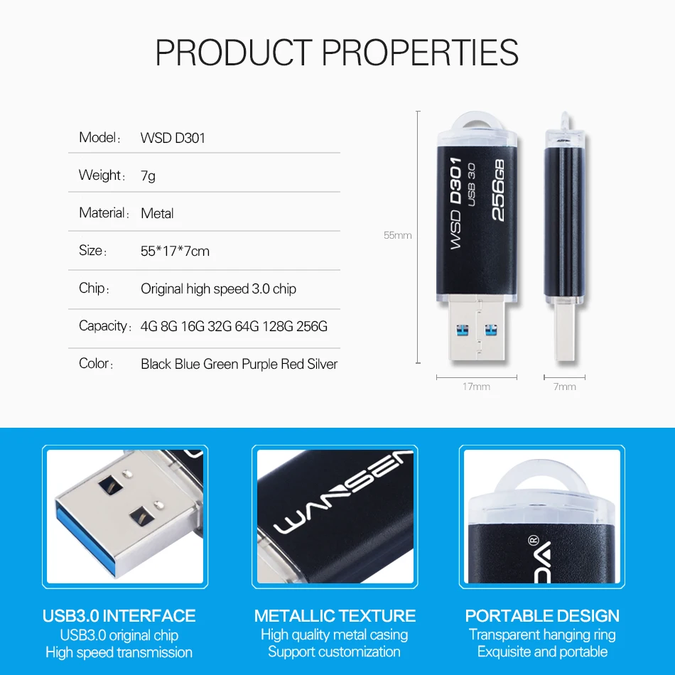 WANSENDA USB 3.0 Flash Drive 32GB 64GB Metal Pen Drive 8GB 16GB Pendrive 128GB 256GB High Speed USB 3.0 Flash Memory Stick