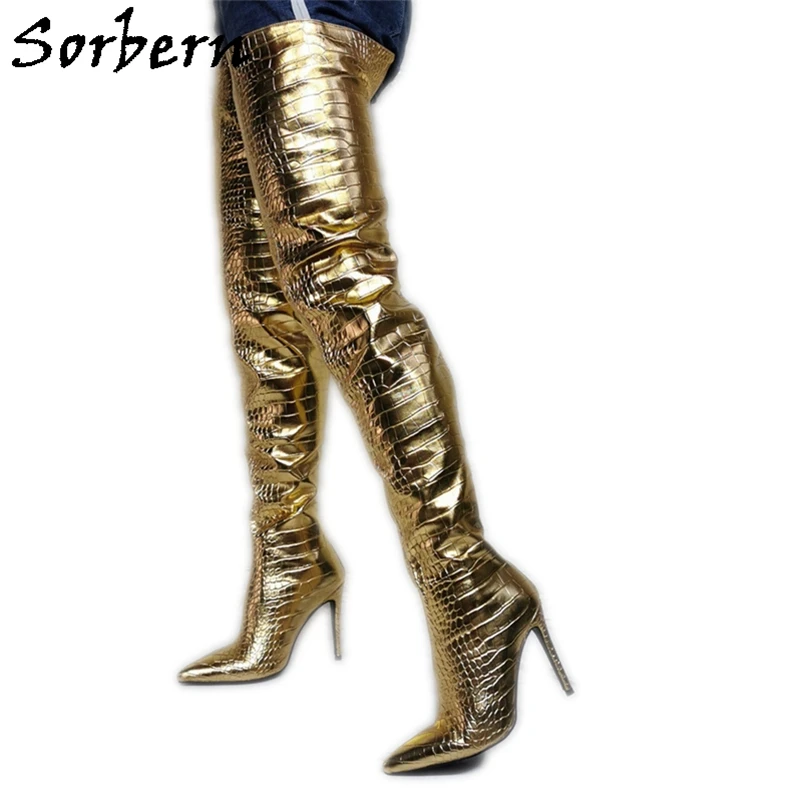 Sorbern Gold Alligator Styles Thigh High Boots Ladies High Heel Stilettos Pointed Toe Long Unisex Boot Custom Wide Or Slim Fit